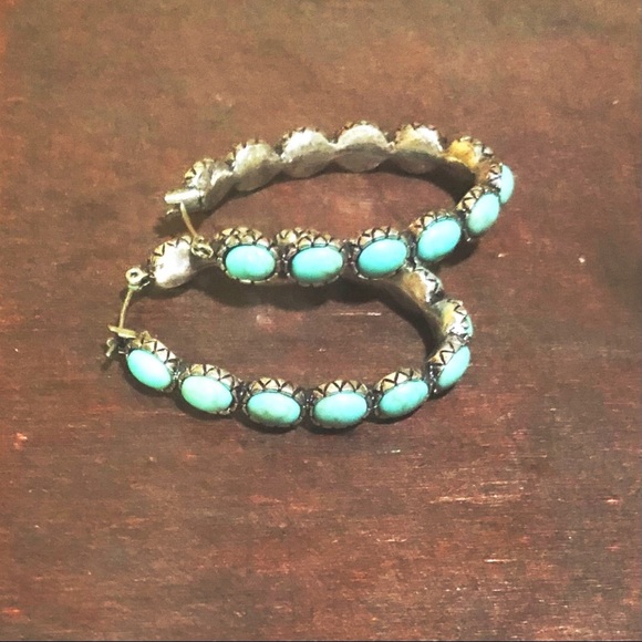 Lucky Brand Turquoise Stone Oval Hoops  Earrings - Picture 2 of 3